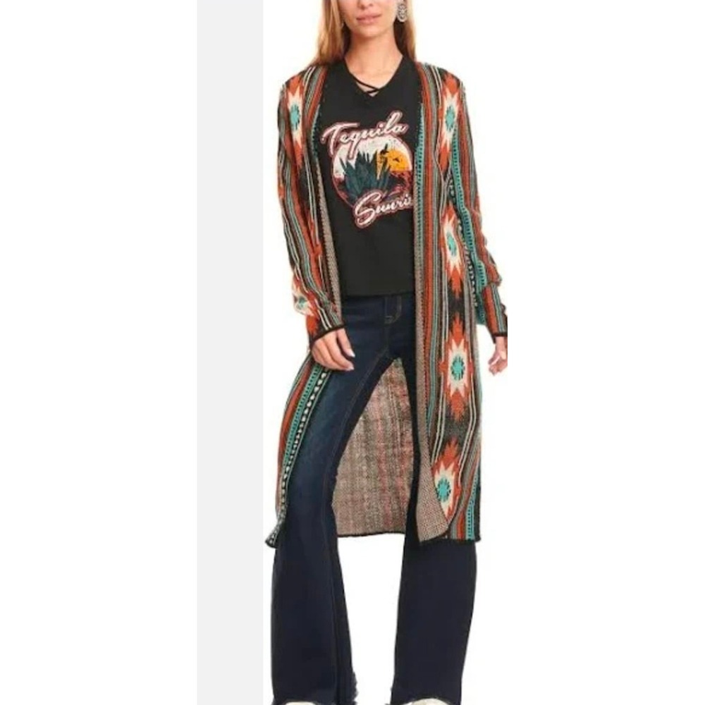 Rock And Roll Denim L Aztec Hooded Bright Cardigan Long Southwestern Duster